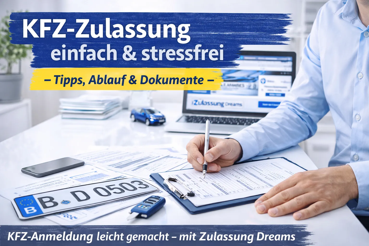 Das Beitragsbild zeigt geordnete Fahrzeugdokumente, ein Kennzeichen und einen modernen Arbeitsplatz, der für eine professionelle und strukturierte KFZ-Zulassung steht.