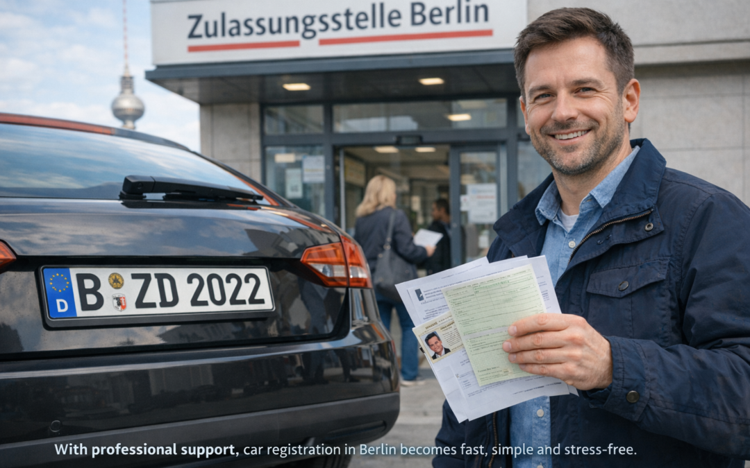Vehicle owner outside Berlin registration office holding documents and new license plates