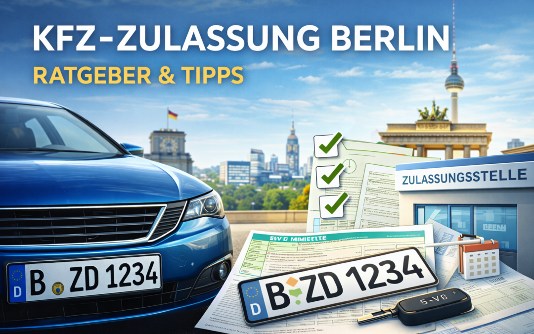 Beitragsbild für den KFZ-Zulassungs-Ratgeber in Berlin mit Fahrzeug, Kennzeichen, Zulassungsformularen und Berliner Skyline im Hintergrund – zeigt den Prozess der Auto-Zulassung Schritt für Schritt.