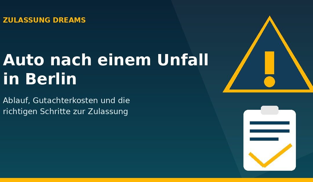 Illustration zum Thema Autounfall in Berlin mit Warndreieck und Klemmbrett-Symbol im Design von Zulassung Dreams
